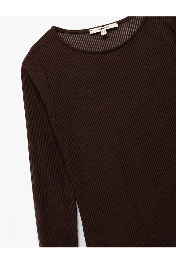 Slim Fit Uzun Kollu Bisiklet Yaka Basic Fitilli Tişört - 5
