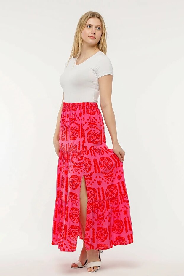 Viscose Fabric Pink Red Patterned Long Skirt with Ruffles and Slits