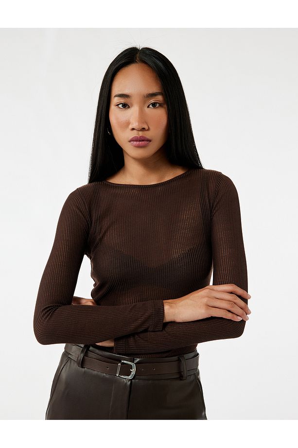 Slim Fit Uzun Kollu Bisiklet Yaka Basic Fitilli Tişört - 1