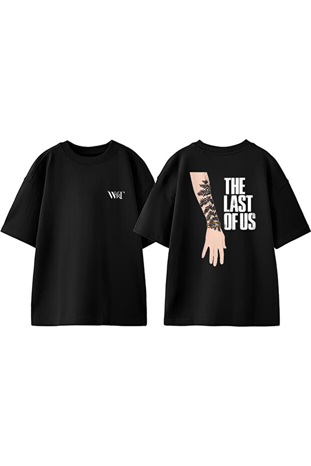 Ellie Tattoo Design Back Printed Cotton Black Oversize T-Shirt