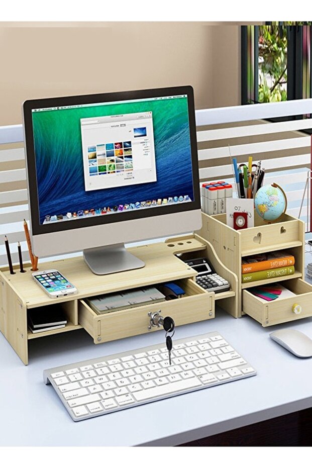 Wooden Small Monitor Stand Workspace Organizer