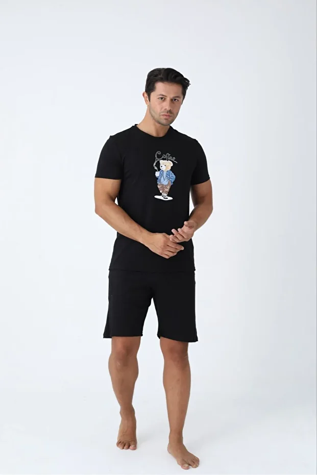 Siyah Pamuklu Örme Erkek Şortlu Pijama Takımı - 4