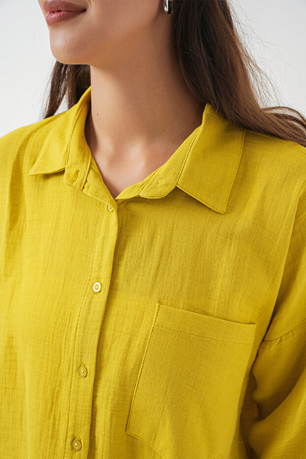 Kadın Tek Cepli Oversize Müslin Gömlek 20353 - Hardal - 5