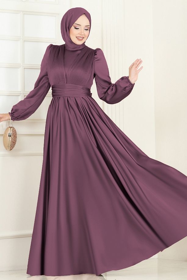 Önü Drapeli Saten Abiye 2382ANT466-MS Koyu Gül Kurusu - 2