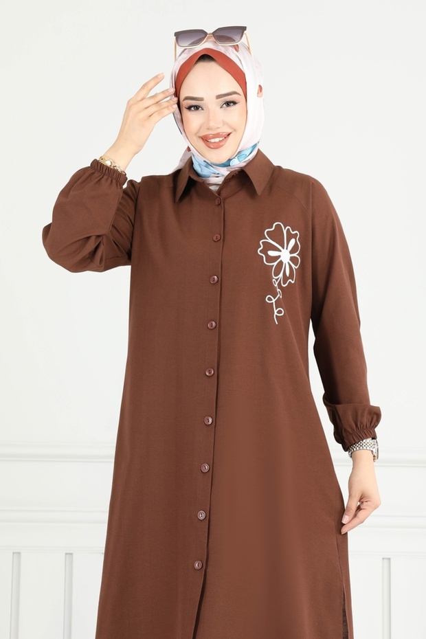 Nakış İşlemeli Tesettür Tunik 4095PM271-MS Kahve - 3