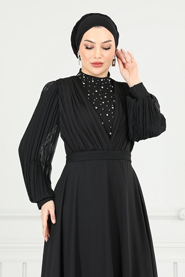 Taşlı Şifon Abiye 0404ALG474-MS Siyah - 5