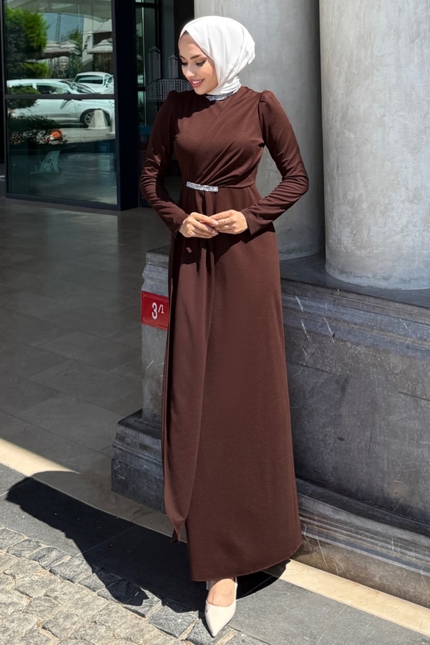 Taş Detaylı Krep Abiye 4645ALG474-MS Kahve - 2