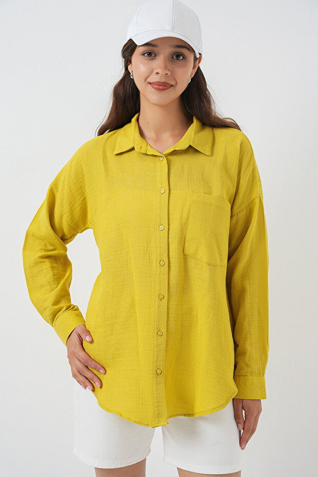 Kadın Tek Cepli Oversize Müslin Gömlek 20353 - Hardal - 3