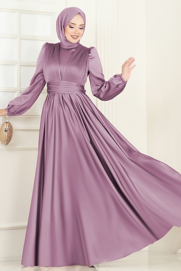 Önü Drapeli Saten Abiye 2382ANT466-MS Pudra - 3