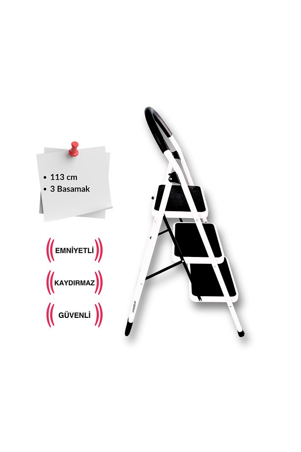 Paslanmaz Çelik 3 Basamaklı Geniş Basamak Ev - Ofis Tipi Merdiven - Tutacaklı - 5