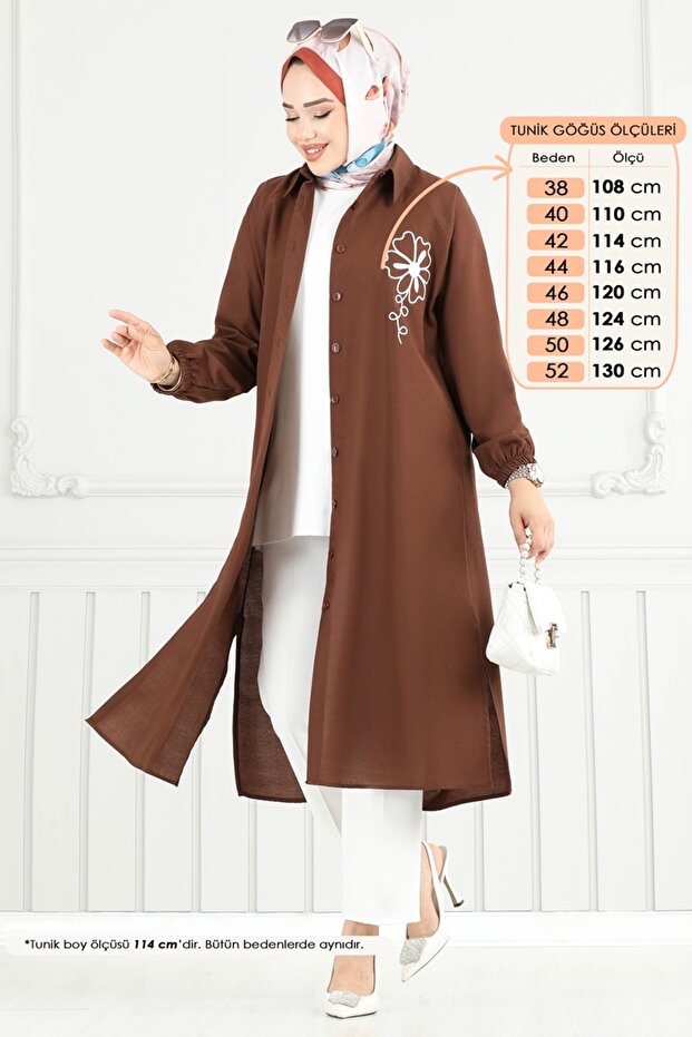 Nakış İşlemeli Tesettür Tunik 4095PM271-MS Kahve - 2