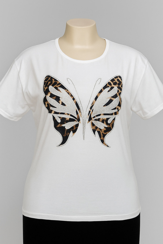 Viscose Butterfly Printed Stone Embroidered T-Shirt