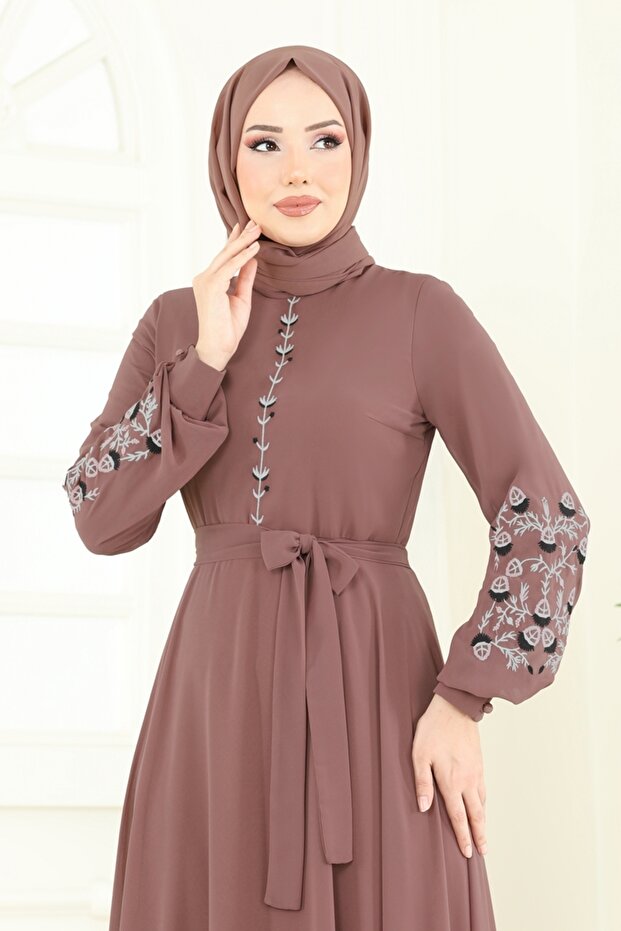 Nakış İşlemeli Şifon Elbise 8022AB368-MS Pudra Vizyon - 5