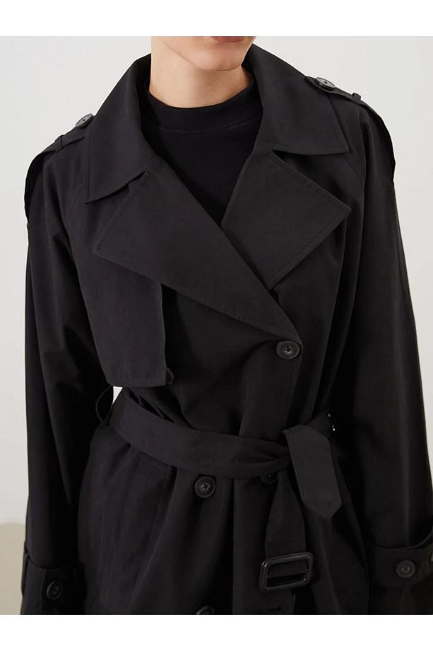 LCW Modest Siyah Kruvaze Yaka Oversize Kadın Trençkot - 4