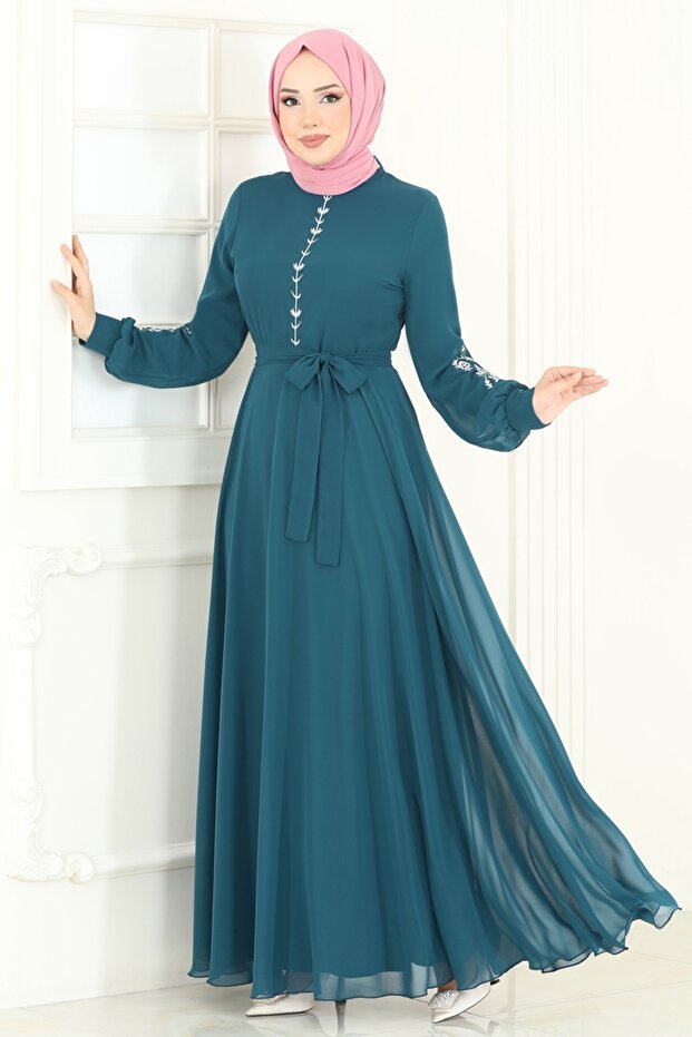 Nakış İşlemeli Şifon Elbise 8022AB368-MS Petrol - 1