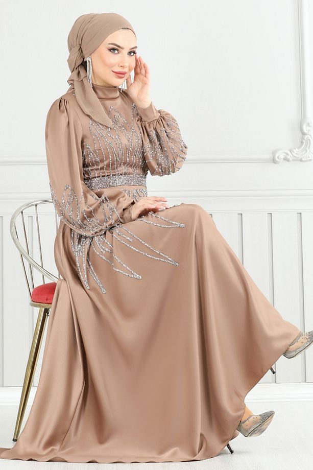 Taş Detay Saten Abiye 5675EDF311-MS Açık Kahve - 1