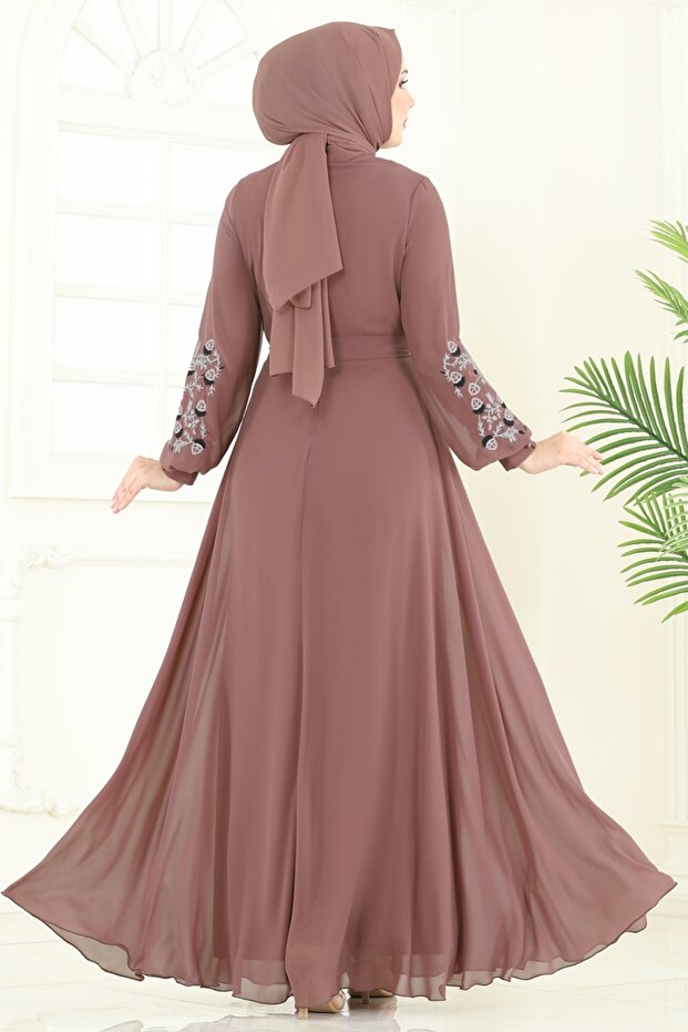 Nakış İşlemeli Şifon Elbise 8022AB368-MS Pudra Vizyon - 7