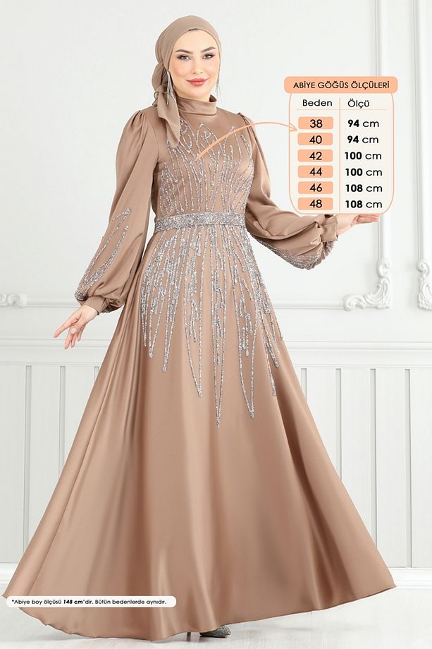 Taş Detay Saten Abiye 5675EDF311-MS Açık Kahve - 4