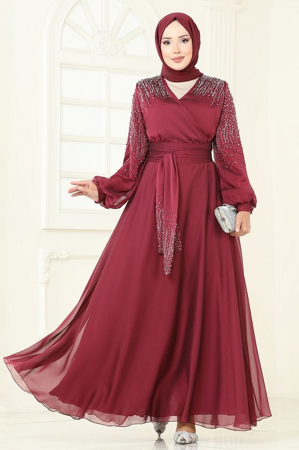 Taş İşlemeli Abiye 5693EDF311-MS Bordo - 1