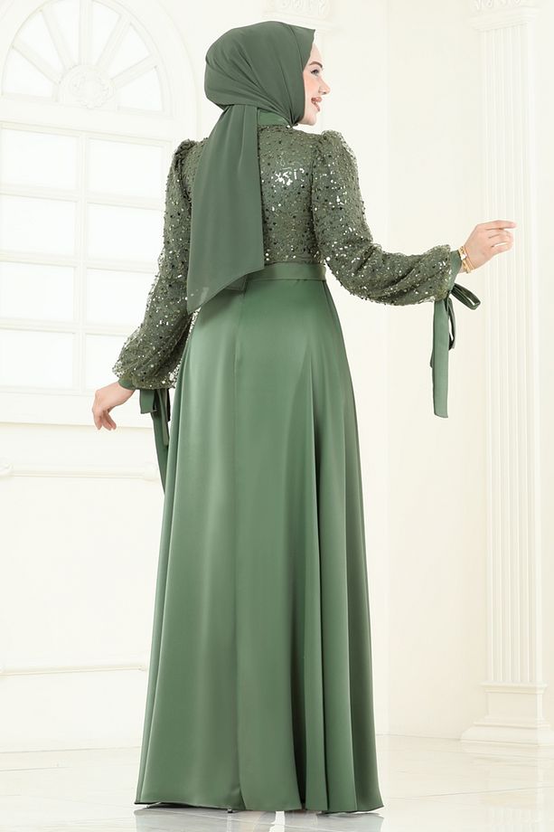 Pul İşlemeli Saten Abiye 5670EDF311-MS Haki - 6