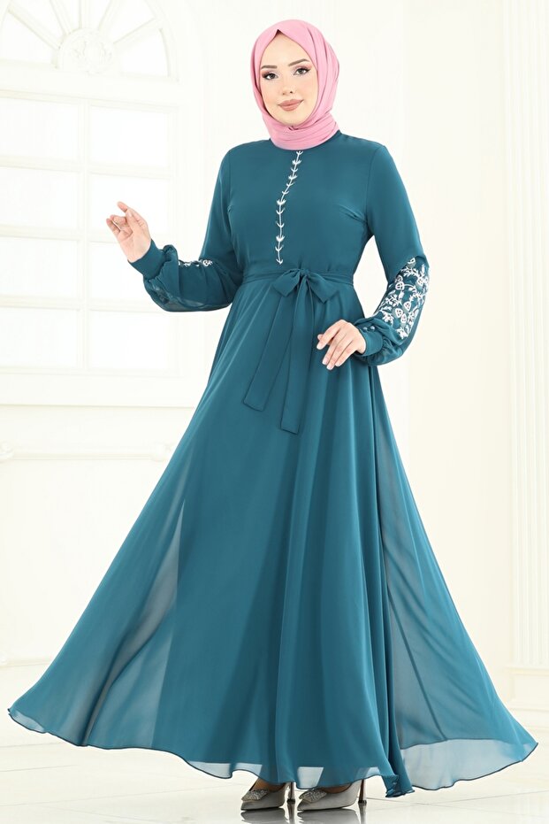 Nakış İşlemeli Şifon Elbise 8022AB368-MS Petrol - 2