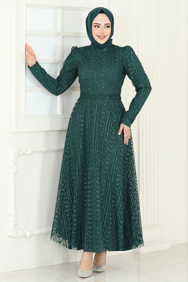 Simli Tül Tesettür Abiye 5688EDF311-MS Zümrüt - 1