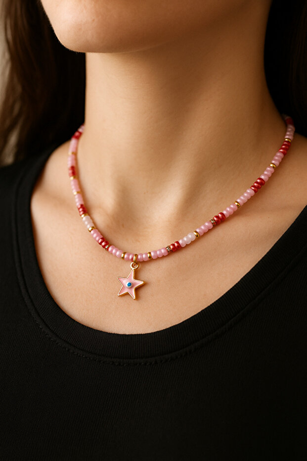 Elegant Star Evil Eye Detailed Necklace in Shades of Pink Bead Color