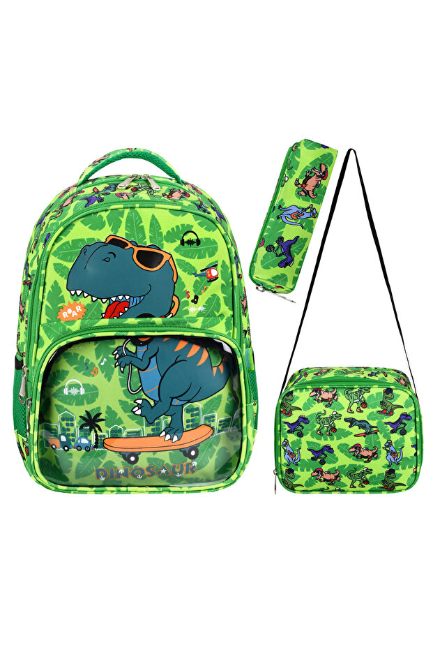 Lisanslı Dinazor Desenli 3'lü Set Okul Çantası,termal Beslenme Çantası ve Kalem Kutusu Seti - 1
