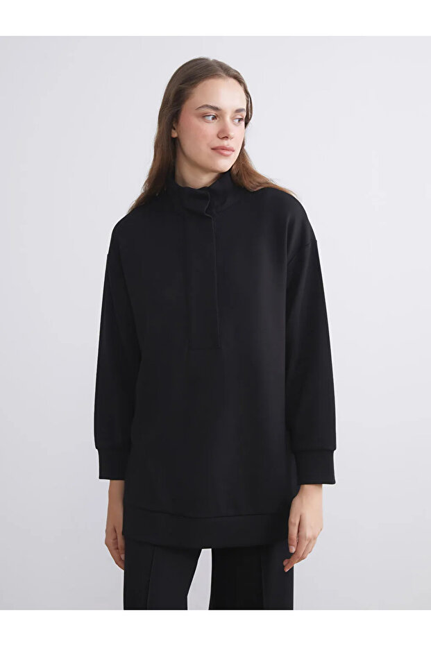 Lcw Modest Black Stand Collar Oversize Women's Sweatshirt Tunic
