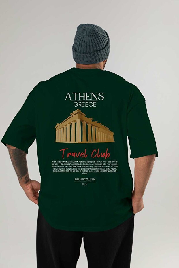 Athens Greece Back Printed Green Oversize T-Shirt Men Women Cotton Crew Neck T-Shirt