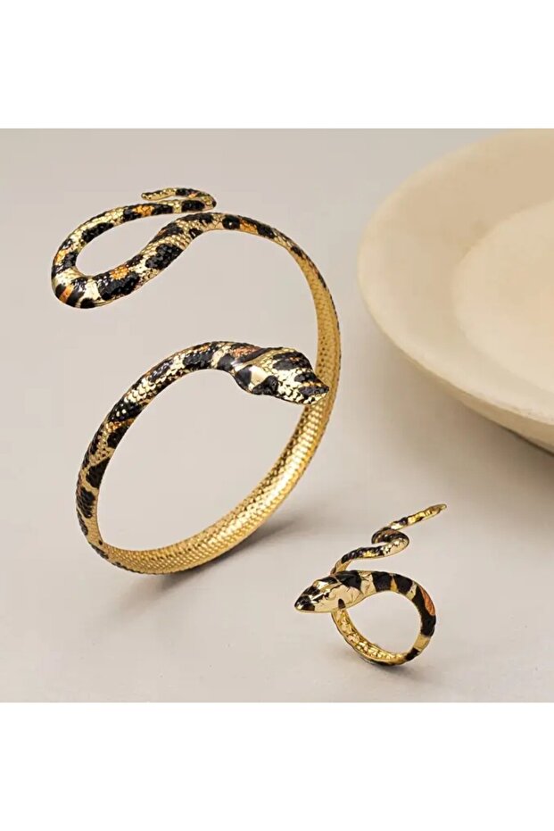 مجموعة خواتم على شكل ثعبان معدنية منقوشة بنقشة الفهد - 3