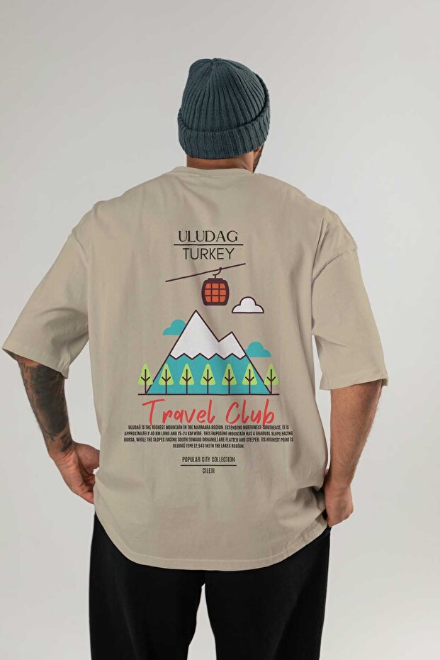 Uludağ Turkey Back Printed Beige Oversize T-Shirt Men's Women's Cotton Crew Neck T-Shirt