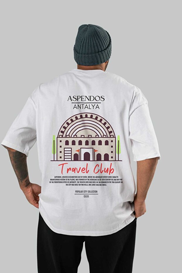 Aspendos Antalya Back Printed White Oversize T-Shirt Men's Women's Cotton Crew Neck T-Shirt
