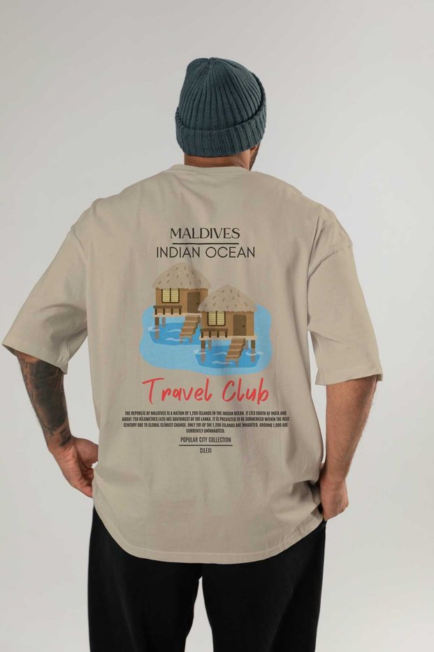Maldives Indian Ocean Back Printed Beige Oversize T-Shirt Men Women Cotton Crew Neck T-Shirt