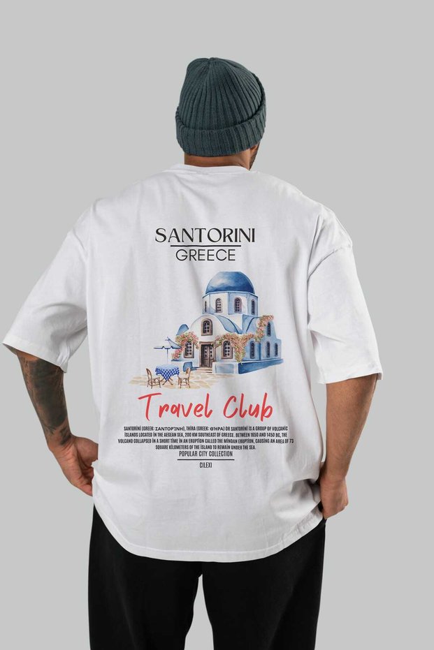 Santorini Greece Back Printed White Oversize T-Shirt Men Women Cotton Crew Neck T-Shirt