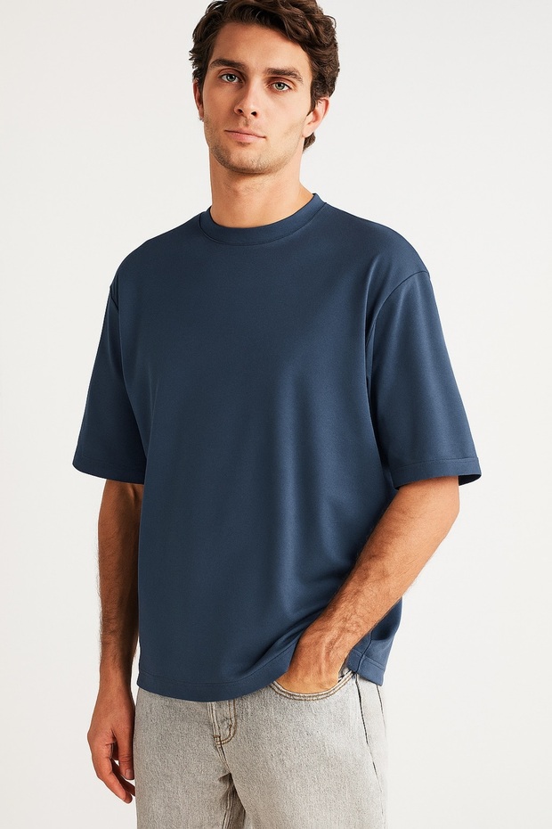 Men's Oversize T-Shirt 100% Cotton Crew Neck Basic Comfortable Fit Blue