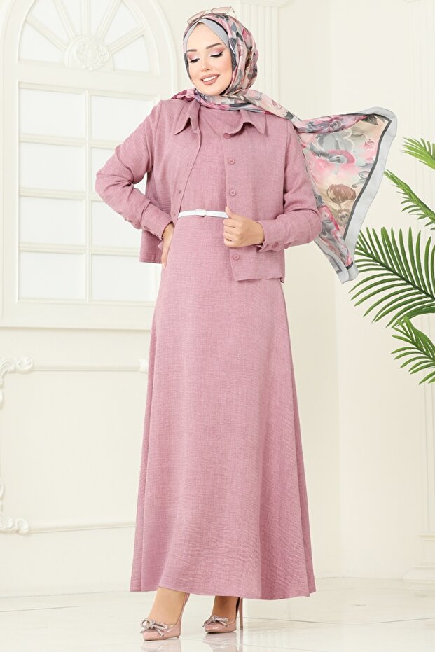 Gömlek Detaylı Elbise Takım PL9157-MS Gül Kurusu - 1