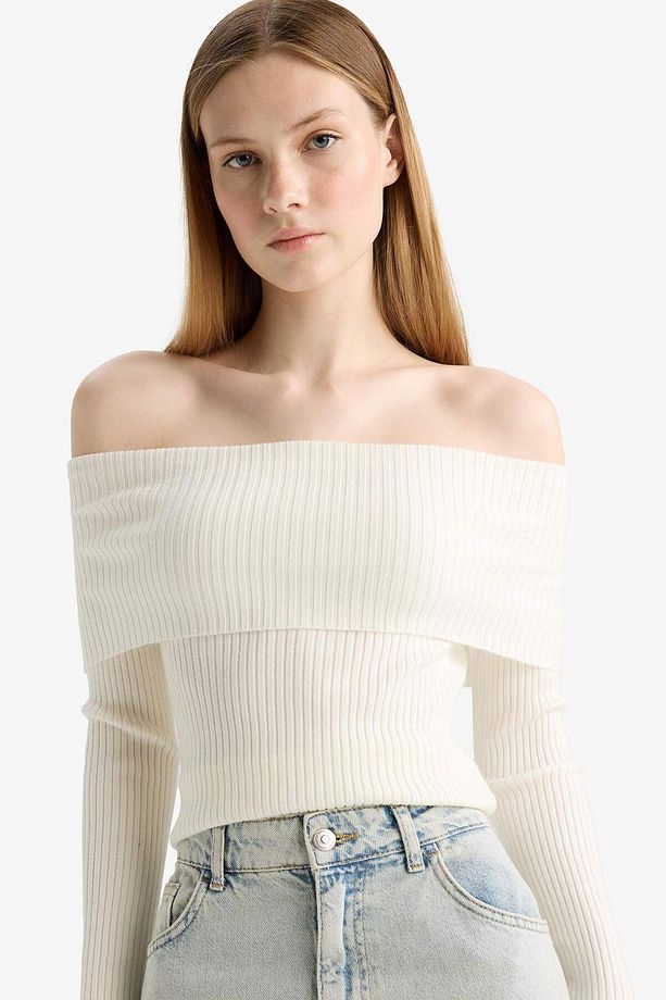Coool Slim Fit Dar Kesim Açık Omuz Triko Kazak B6537AX25WN - 1