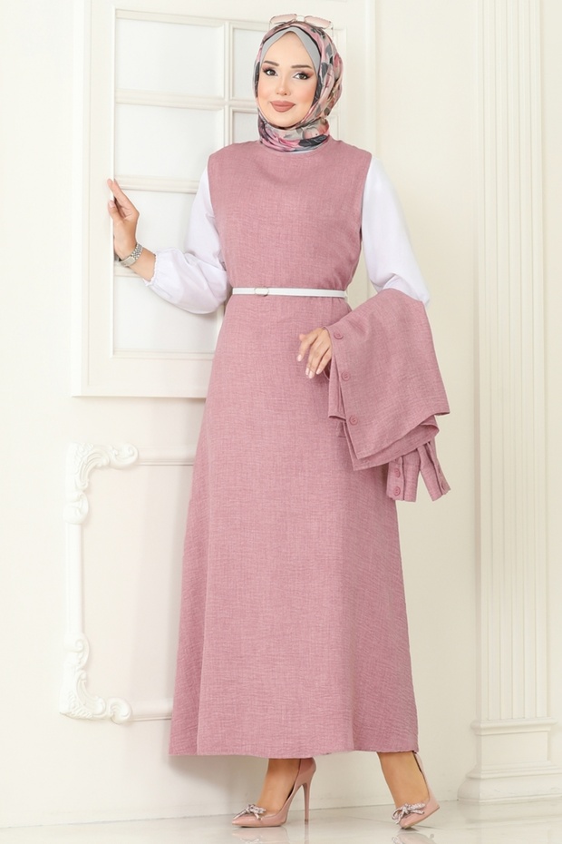 Gömlek Detaylı Elbise Takım PL9157-MS Gül Kurusu - 2