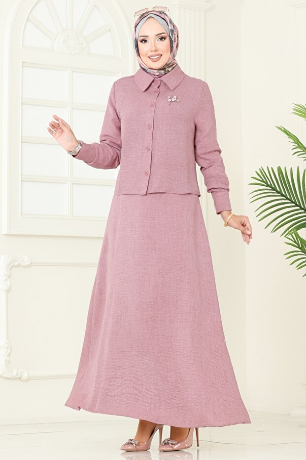 Gömlek Detaylı Elbise Takım PL9157-MS Gül Kurusu - 4