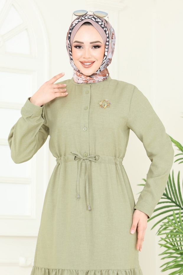 Yarım Düğmeli Elbise 3049KTR750-MS Çağla - 3