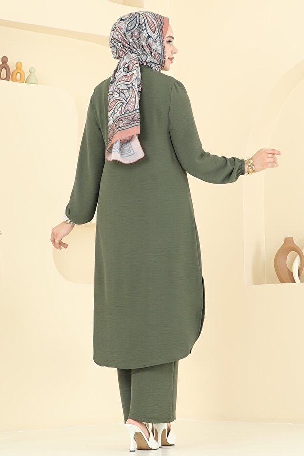 Taş İşlemeli Tesettür Takım 440DVL817-MS Haki - 4