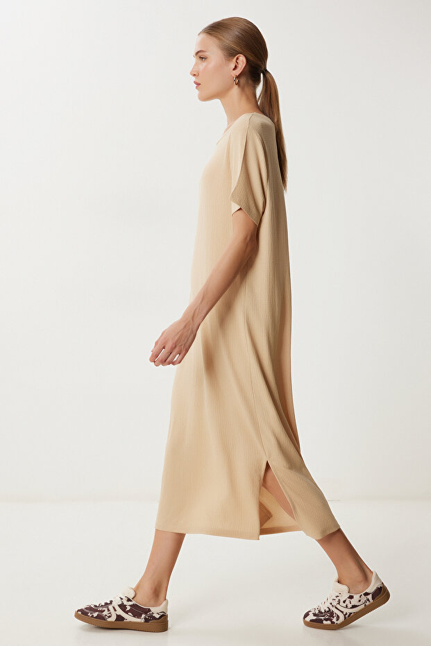 Slit Crinkle Knitted Dress Ldz0040 Biscuit