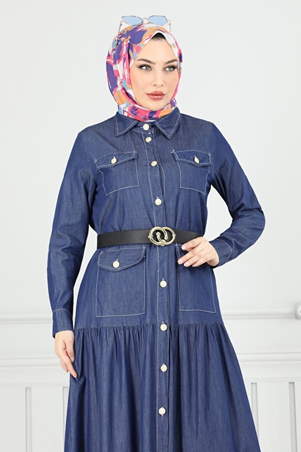 Önden Düğmeli Kot Elbise 0332MSA980-MS Koyu Kot - 5