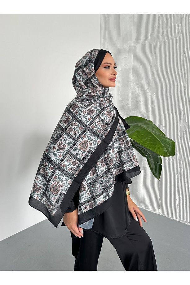 Retro Etnik Desen Siyah Renk Soft Pamuk Şal - 4