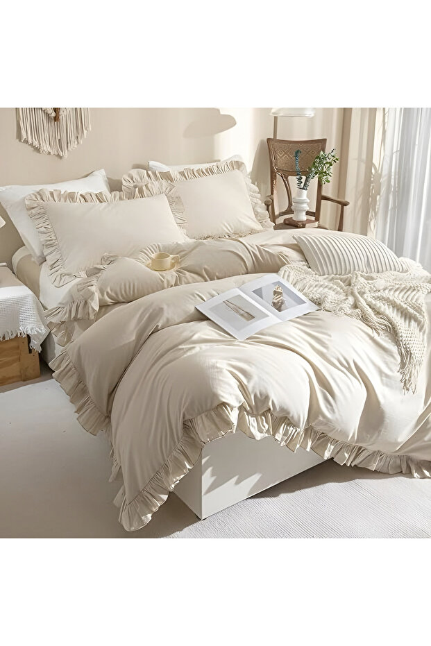 Cream Color Ruffled Cotton Satin Duvet Cover Set – Double – Skin Friendly