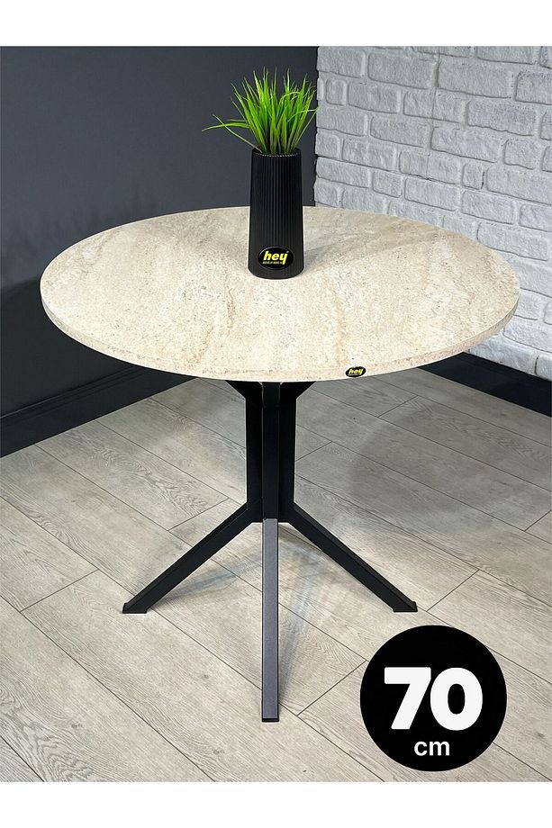 Nisa Traverten Yuvarlak Mutfak Masası Yemek Masası Metal Siyah Ayak 70 Cm - 1