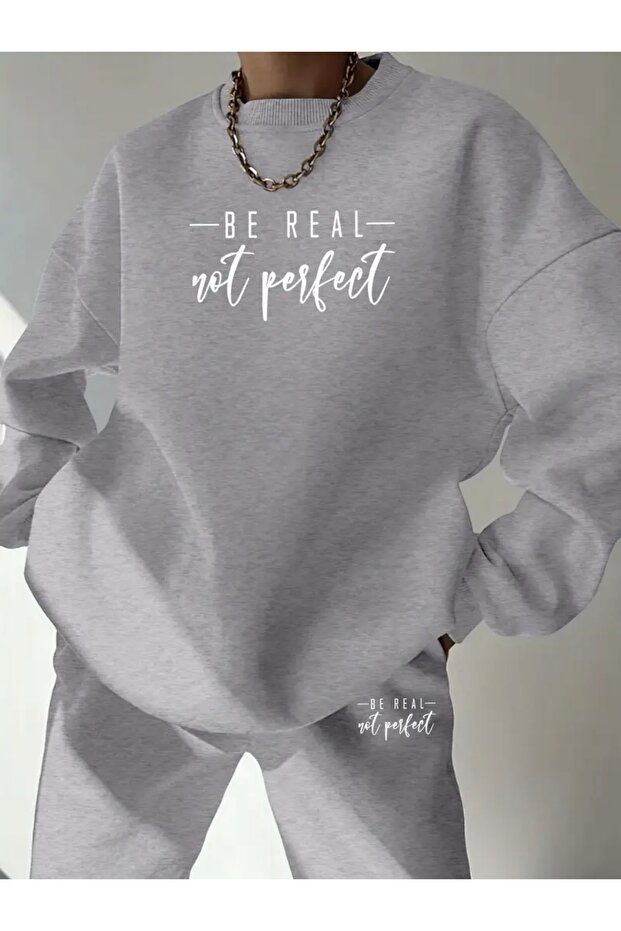 مجموعة ملابس رياضية للجنسين مطبوعة من BE REAL NOT PERFECT برقبة دائرية كبيرة الحجم