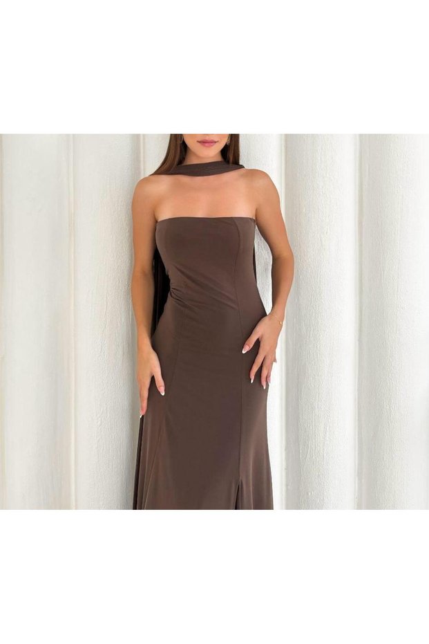 Cape Detailed Strapless Slit Long Dress