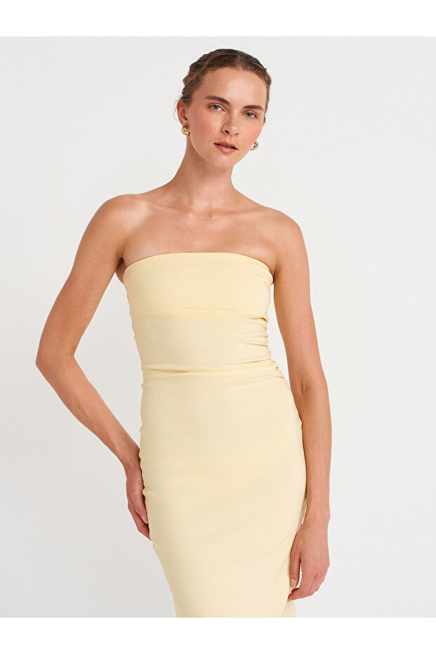 91368 Straplez Midi Elbise-Açık Sarı - 4